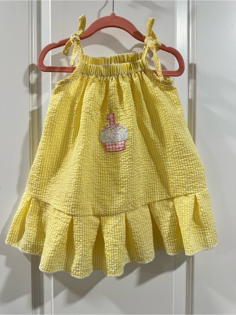 1st Birthday Yellow Seersucker Cupcake Appliqué Sundress